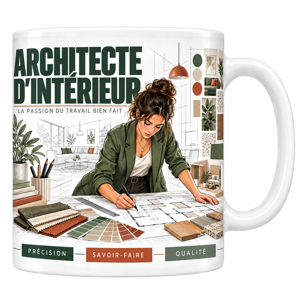 Mug architecte d'intérieur en céramique blanche 330 ml, illustration d'une architecte d'intérieur dessinant sur des plans entourée de nuanciers et d'échantillons, titre ARCHITECTE D'INTÉRIEUR vert foncé