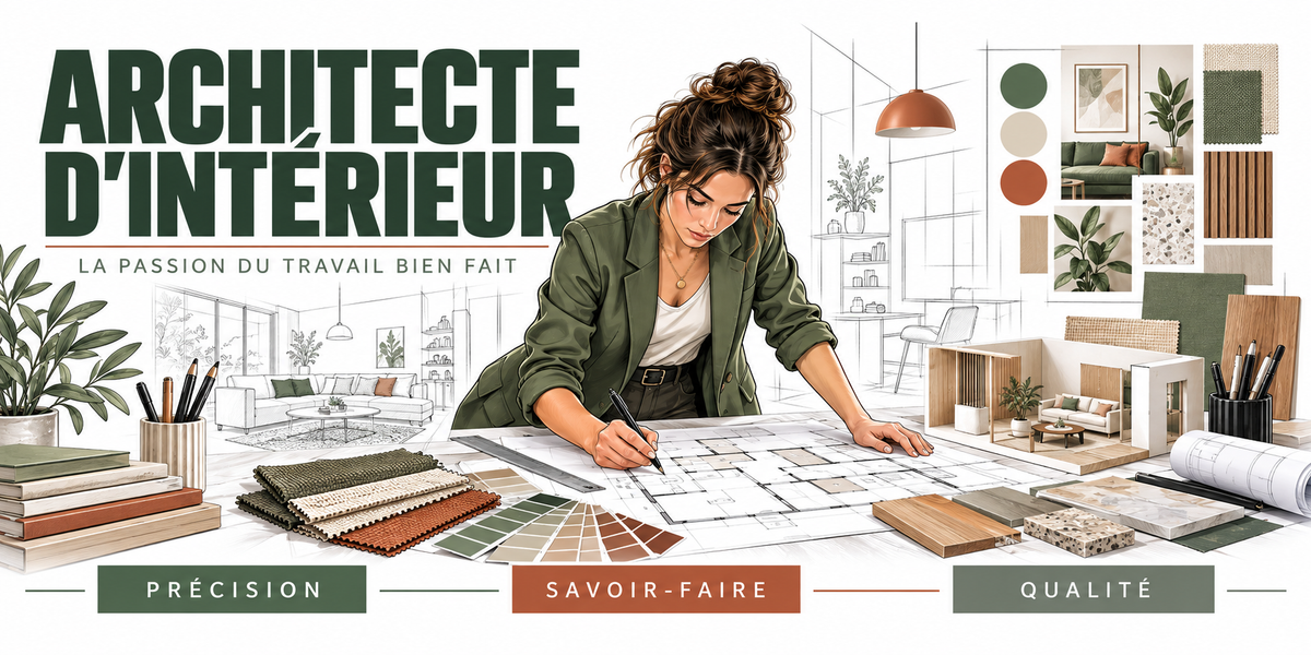 Illustration architecte d'intérieur : femme dessinant sur un plan d'aménagement, moodboard de nuanciers vert et terracotta, échantillons de parquet, suspension et maquette de mobilier
