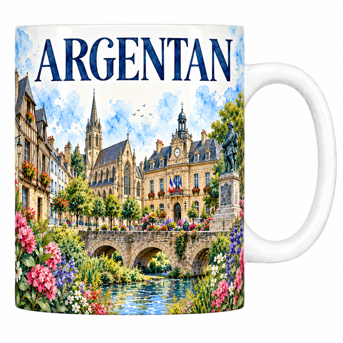 Mug blanc en céramique 330 ml illustré Argentan à l'aquarelle : église Saint-Germain, hôtel de ville et pont sur l'Orne
