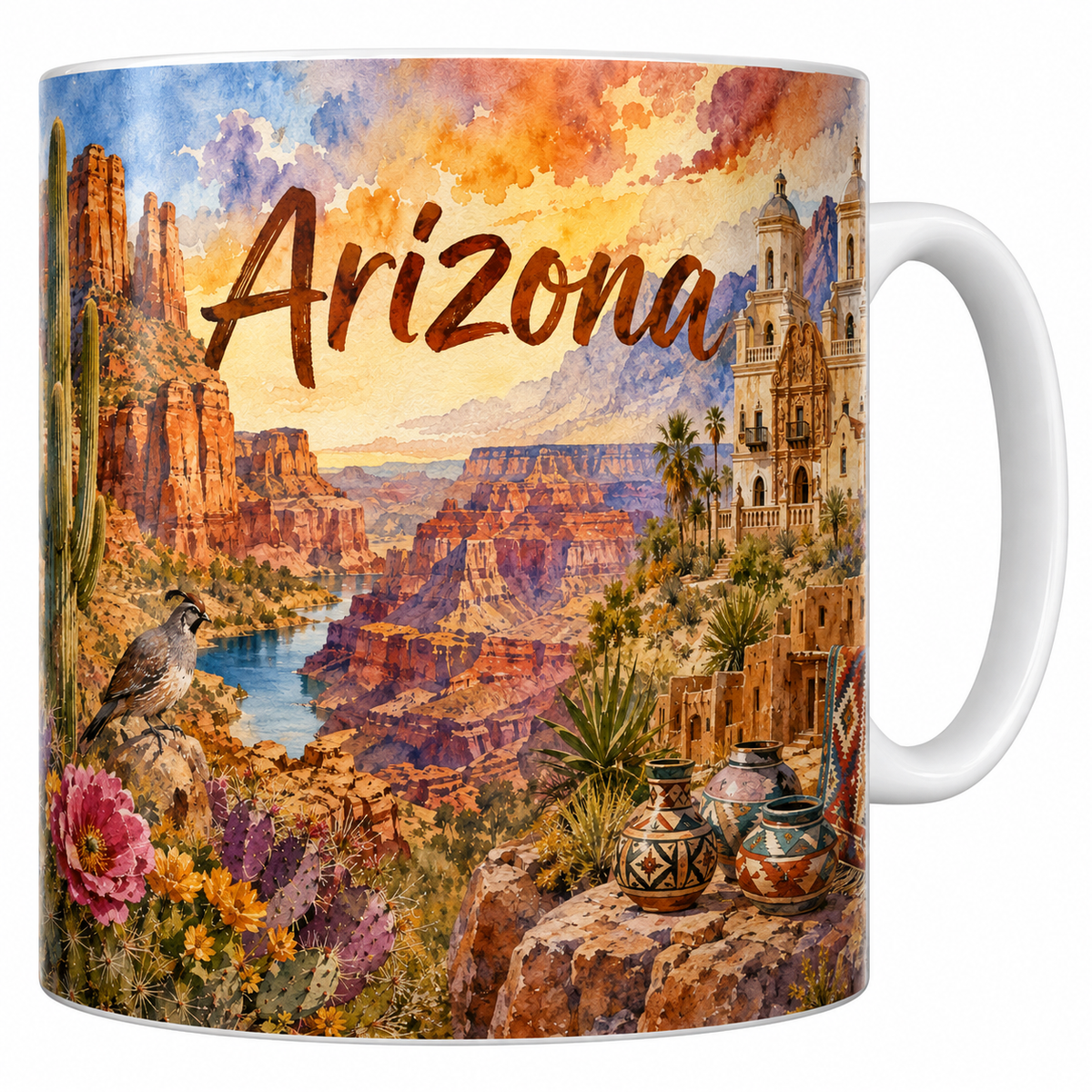 Mug céramique 330 ml Arizona aquarelle : Grand Canyon, saguaros en fleur et mission San Xavier