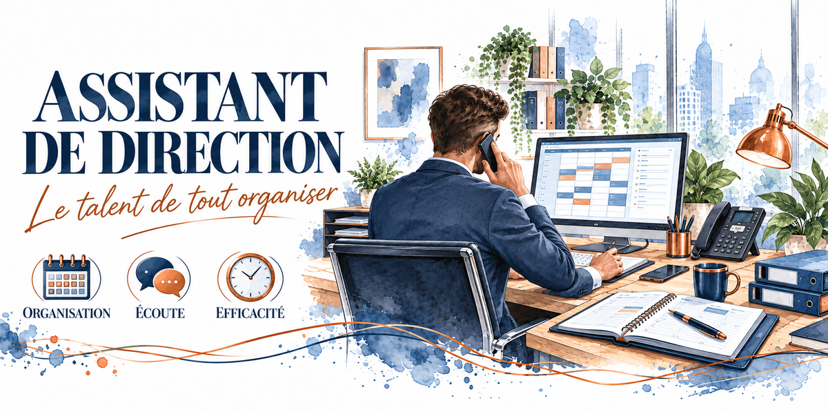 Aquarelle assistant de direction : les mots ASSISTANT DE DIRECTION en capitales bleu marine et la mention manuscrite orange Le Talent de Tout Organiser, un assistant en veste bleu marine assis de trois quarts dos, le combiné à l'oreille, double écran affichant un planning et un tableau, téléphone de bureau, classeurs bleus, agenda ouvert et stylo, tasse cuivrée, plantes et lampe cuivrée, baies vitrées sur les tours de la ville, trois pastilles — organisation, écoute, efficacité