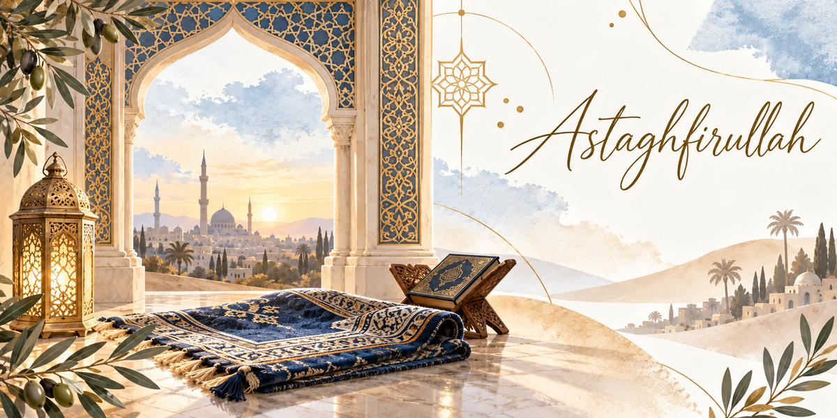 Visuel aquarellé d'une arcade en arc brisé au décor géométrique bleu et or, ouvrant sur une ville à coupoles et minarets baignée par la lumière du lever du soleil, un tapis de prière bleu nuit déroulé sur le sol de marbre, un porte-Coran en bois sculpté portant un livre ouvert, une lanterne ajourée allumée à gauche, des palmiers et des collines ocre au loin, des feuillages d'olivier en bordure et le mot Astaghfirullah en grandes lettres dorées manuscrites