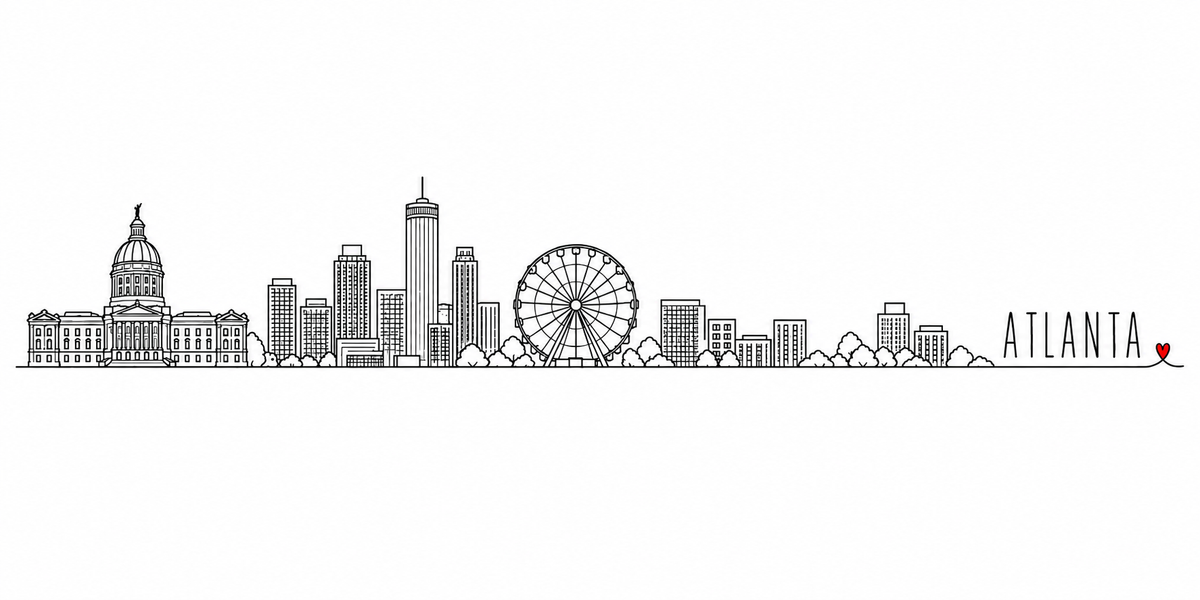 Skyline d'Atlanta dessiné au trait noir continu, de gauche à droite : le Capitole à colonnade et sa coupole surmontée d'une statue, les arbres, les gratte-ciel de Midtown dont une tour à antenne, la grande roue, les immeubles bas et les arbres — avec le nom ATLANTA en capitales espacées et un petit cœur rouge