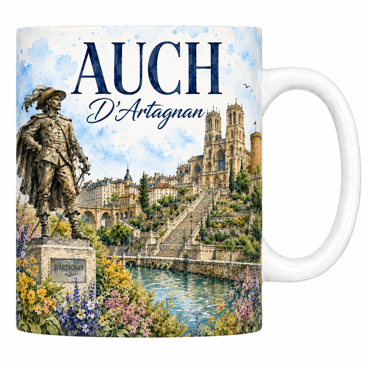 Mug céramique 330 ml « AUCH — D'Artagnan » : statue du mousquetaire et cathédrale