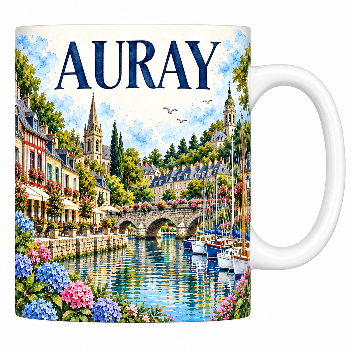 Mug en céramique blanche 330 ml illustré à l'aquarelle du pont et du quai Saint-Goustan à Auray
