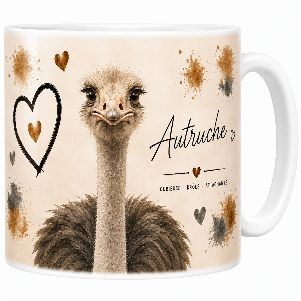 Mug céramique blanc Autruche « Curieuse, drôle, attachante » : tête d'autruche face à vous, grand cœur