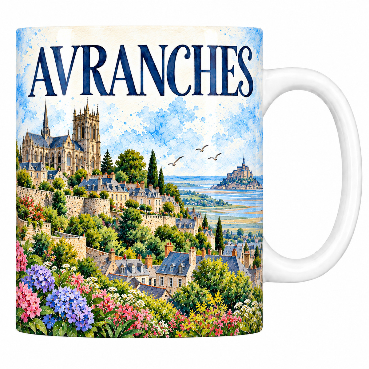 Mug blanc en céramique 330 ml illustré Avranches à l'aquarelle : la basilique, les jardins en terrasses et le Mont-Saint-Michel à l'horizon