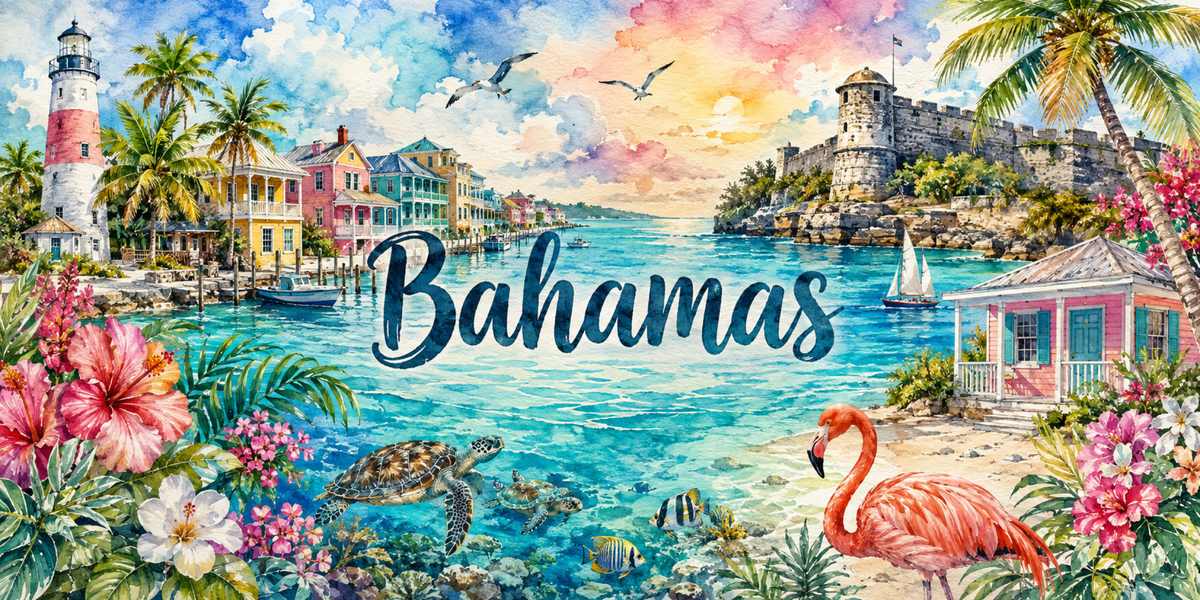Visuel Bahamas aquarelle : phare rayé, maisons pastel de Nassau, fort, flamant rose et tortue