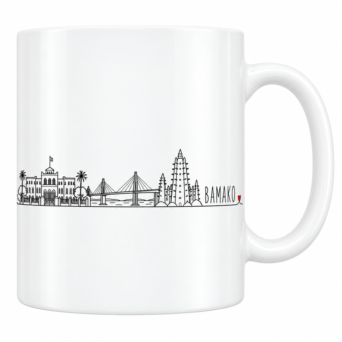Mug blanc en céramique 330 ml illustré du skyline de Bamako au trait noir : le bâtiment colonial à arcades et son drapeau, les palmiers, le pont à haubans sur le Niger et la mosquée de terre hérissée de poutres