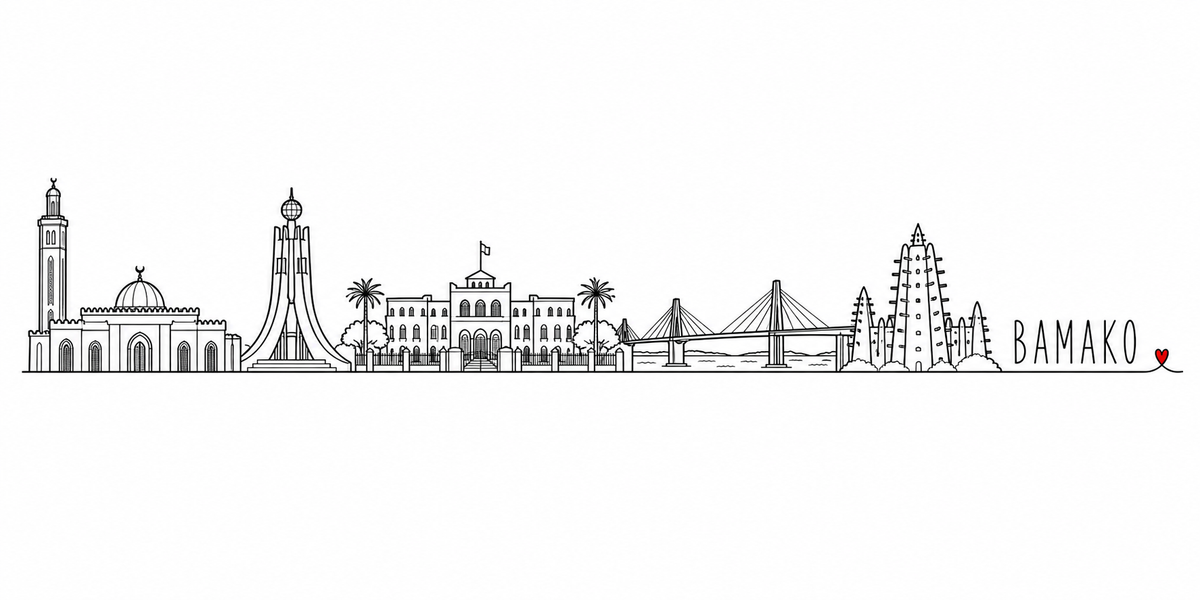 Skyline de Bamako dessiné au trait noir continu, de gauche à droite : le minaret et la coupole à croissant de la mosquée, le monument moderne à quatre piliers courbes portant un globe, les palmiers, le bâtiment colonial à arcades et son drapeau, le pont à haubans sur le Niger, la mosquée de terre hérissée de poutres saillantes — avec le nom BAMAKO en capitales espacées et un petit cœur rouge