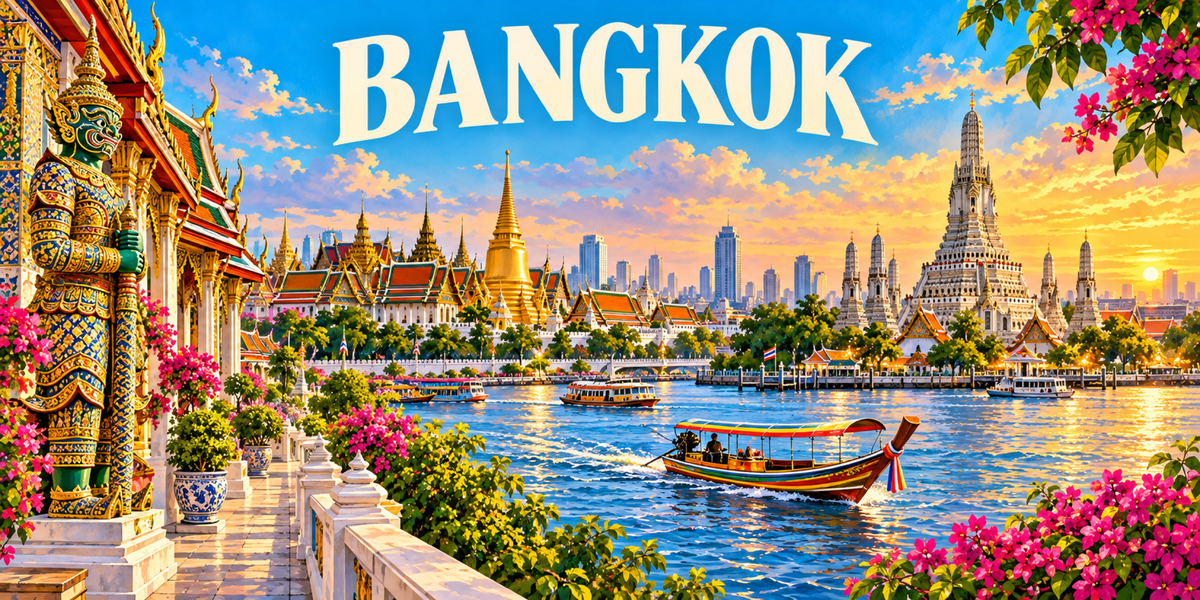 Visuel « BANGKOK » : gardien yaksha, Wat Arun, Grand Palais et long-tail boat sur la Chao Phraya