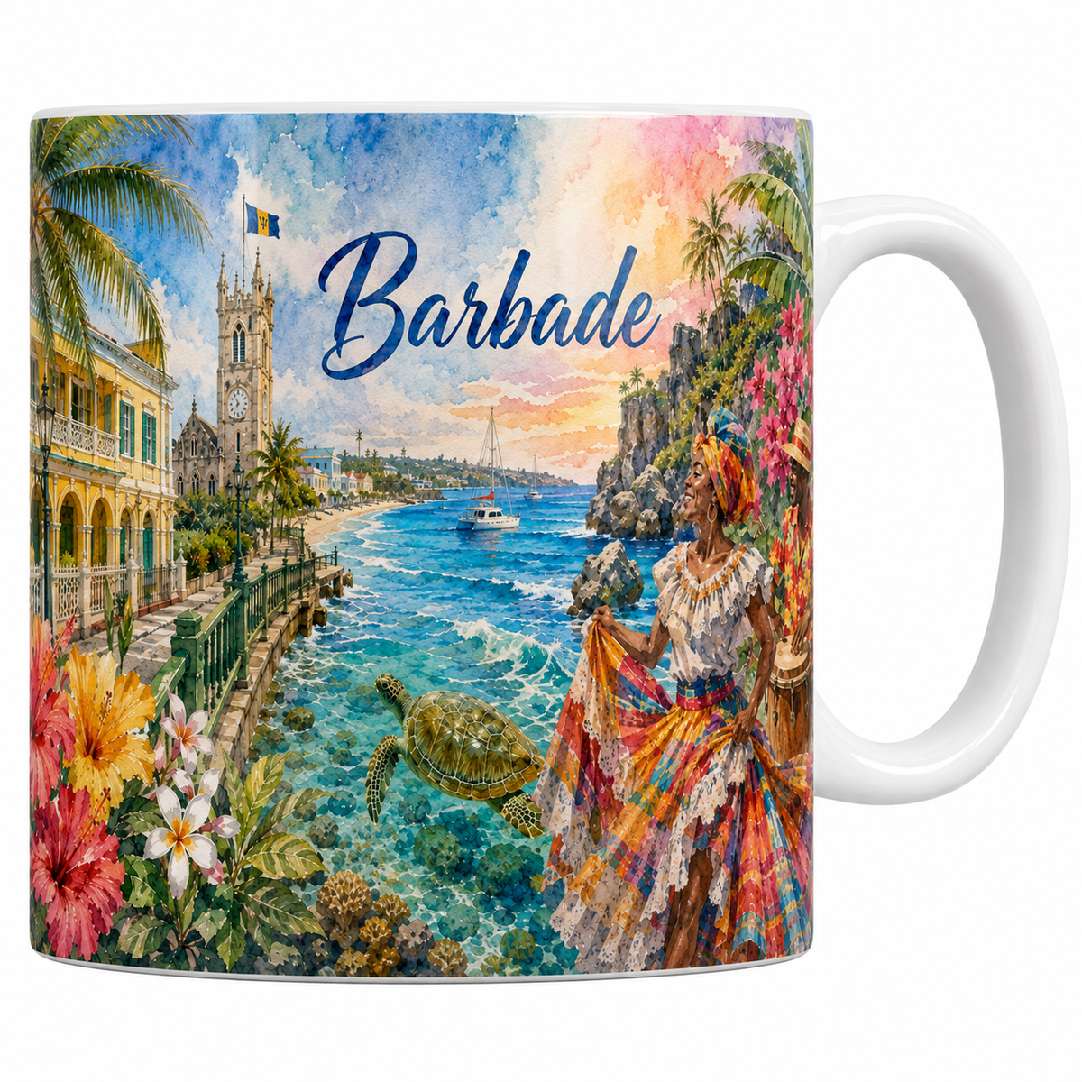 Mug céramique 330 ml Barbade aquarelle : Bridgetown, danseuse en costume et tortue verte