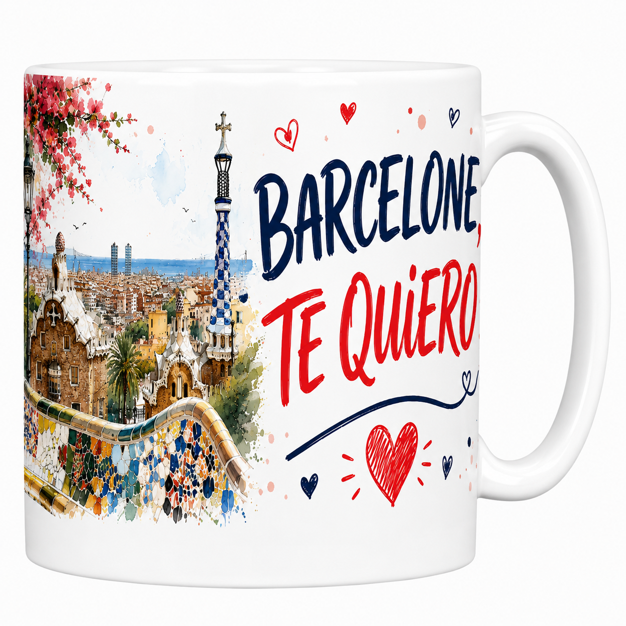 Mug Barcelone te quiero en céramique blanche, Sagrada Família et mosaïques du Parc Güell