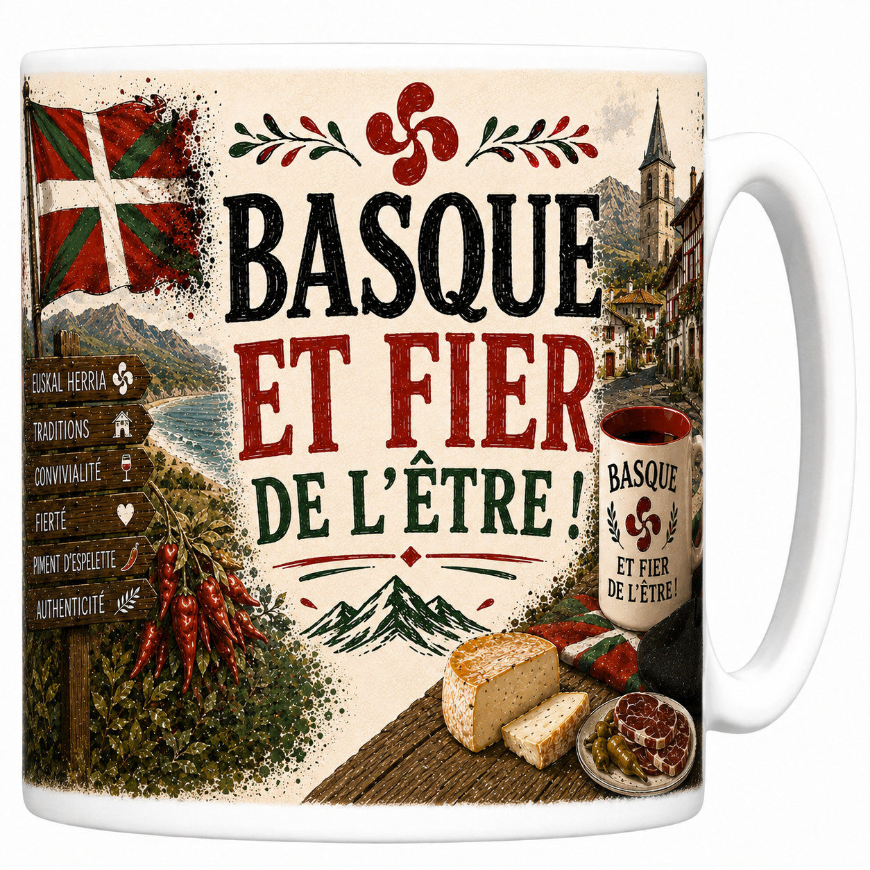 Mug Basque et fier de l'être en céramique, drapeau ikurriña, croix basque et village