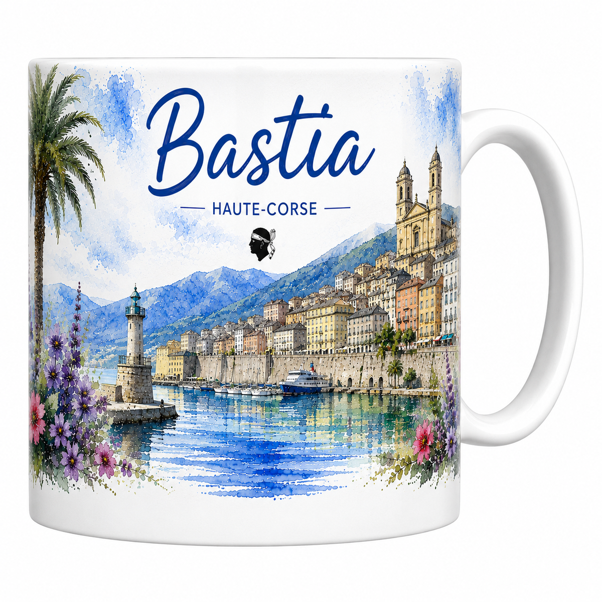 Mug céramique blanc Bastia : campaniles de Saint-Jean-Baptiste, Vieux-Port et tête de Maure en aquarelle
