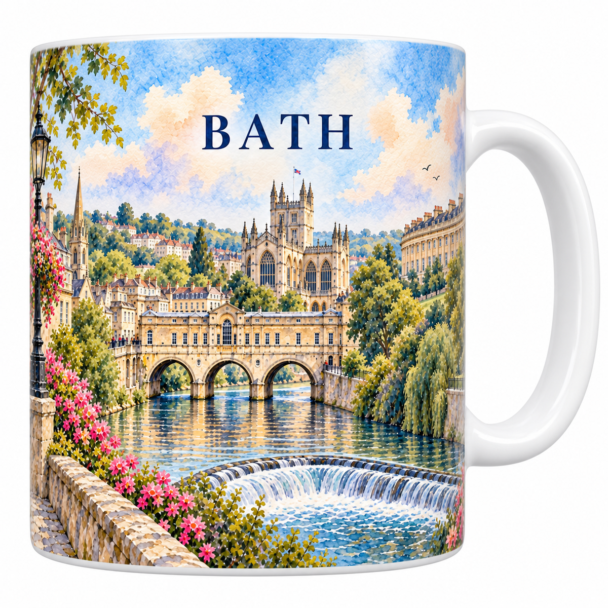 Mug blanc Bath aquarelle : le Pulteney Bridge et ses boutiques, la chute d'eau du weir, la tour à pinacles de l'abbaye et les roses grimpantes.