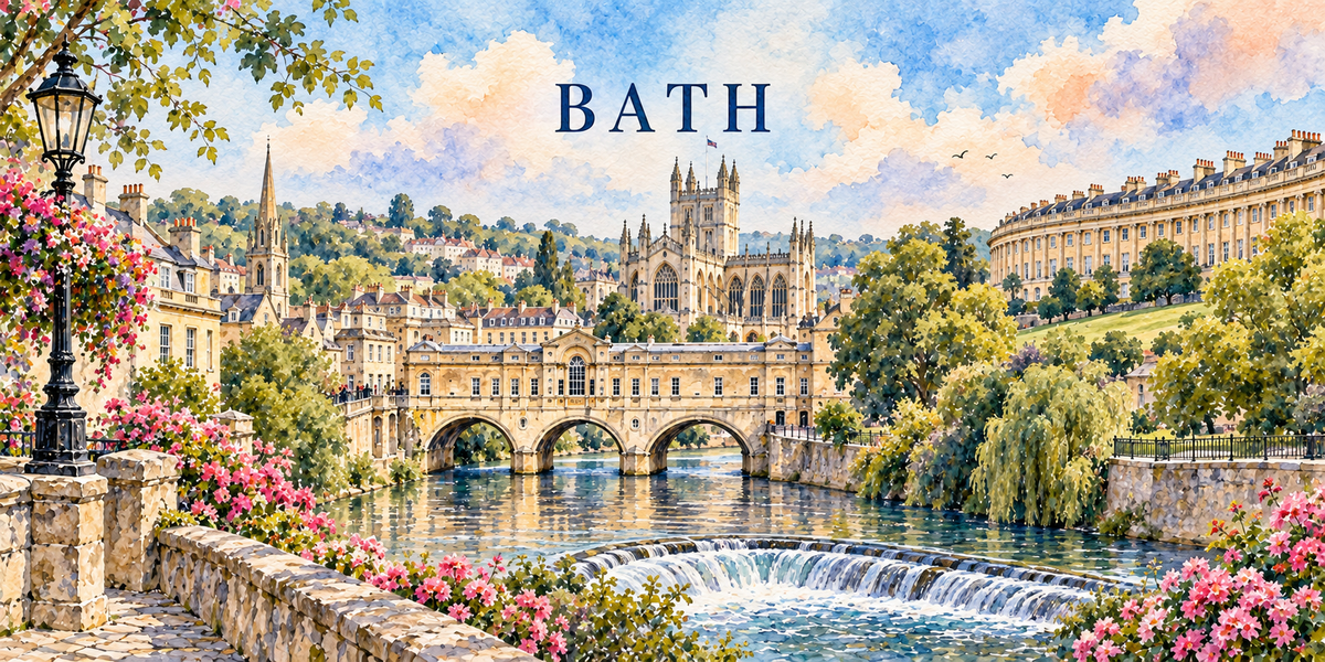 Illustration aquarelle de Bath : le réverbère de fer et les roses, le Pulteney Bridge et ses boutiques, la chute du weir sur l'Avon, l'abbaye et la longue courbe dorée du Royal Crescent.