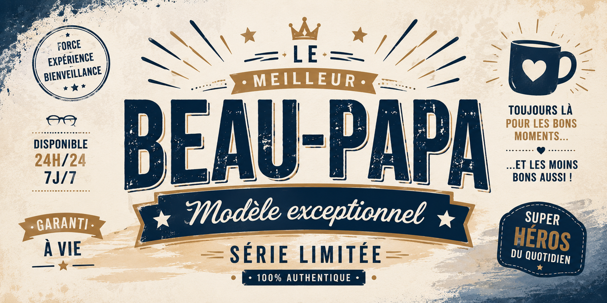 Visuel « Le meilleur beau-papa » : badges disponible 24h/24, garantie à vie et super héros du quotidien