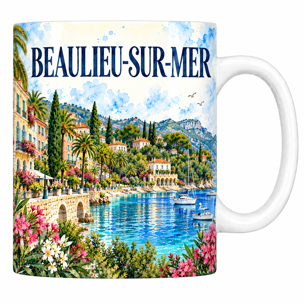 Mug en céramique blanche 330 ml illustré à l'aquarelle de la baie des Fourmis à Beaulieu-sur-Mer