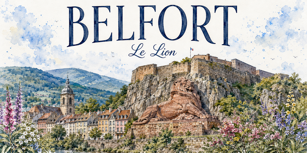 Visuel aquarelle « BELFORT — Le Lion » : citadelle sur son rocher, Lion de Bartholdi et collines