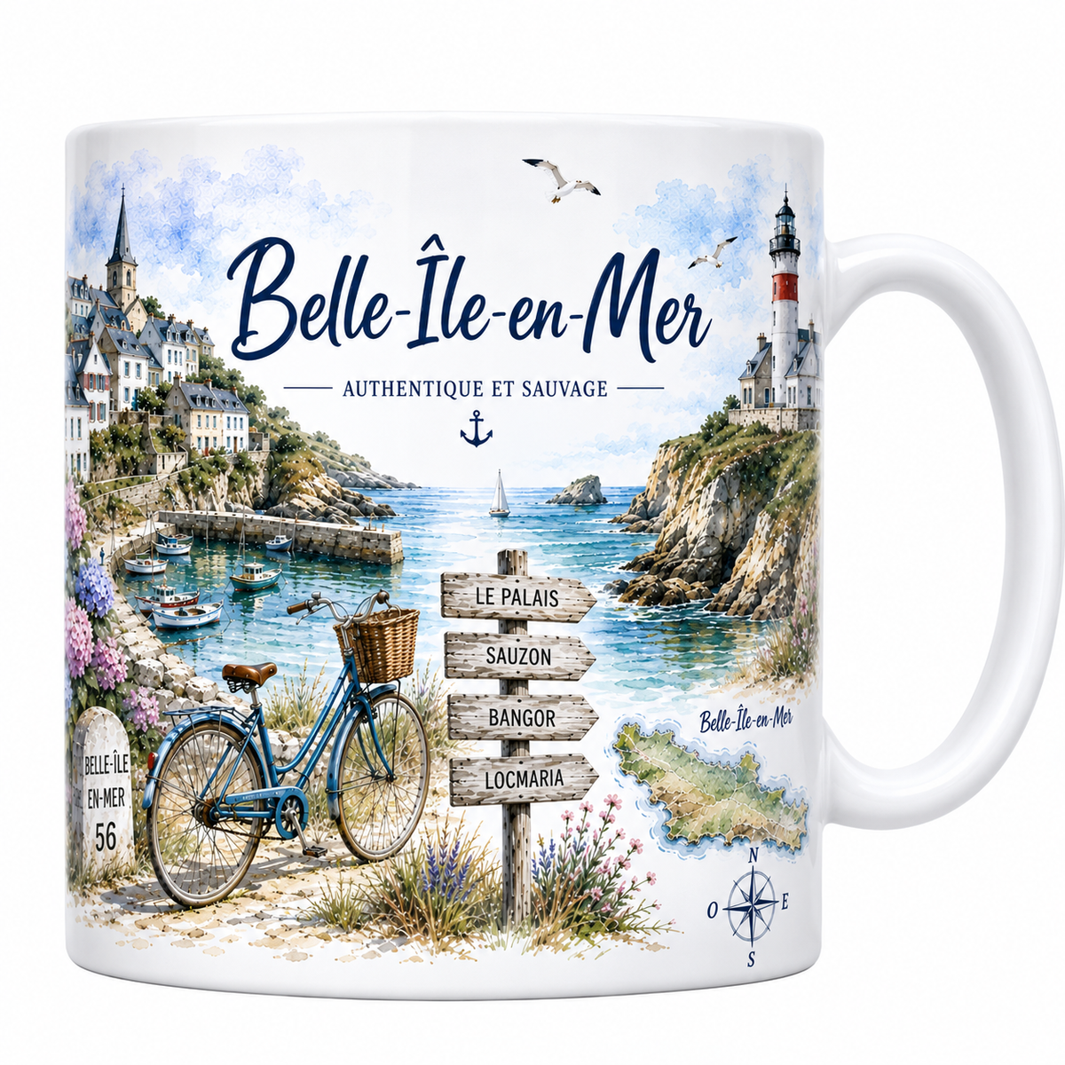 Mug céramique blanc Belle-Île-en-Mer « Authentique et sauvage » : port de Sauzon et phare en aquarelle