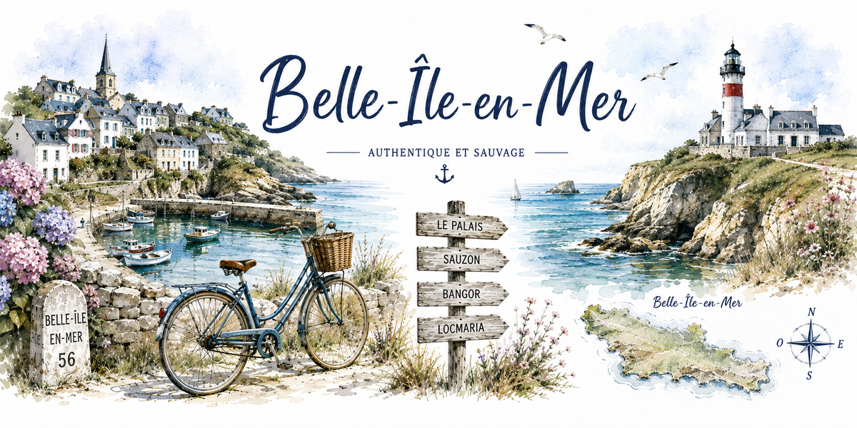 Design du mug Belle-Île-en-Mer : borne 56, panneaux Le Palais, Sauzon, Bangor, Locmaria et carte de l'île