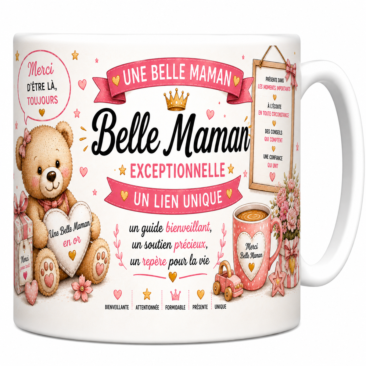 Mug céramique 330 ml « Une belle-maman exceptionnelle, un lien unique » : ourson, cadre et roses