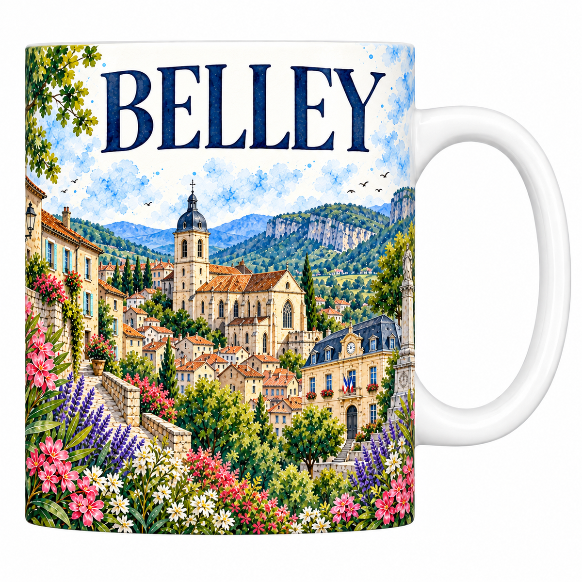 Mug blanc en céramique 330 ml illustré Belley à l'aquarelle : la cathédrale, l'obélisque et les falaises du Bugey