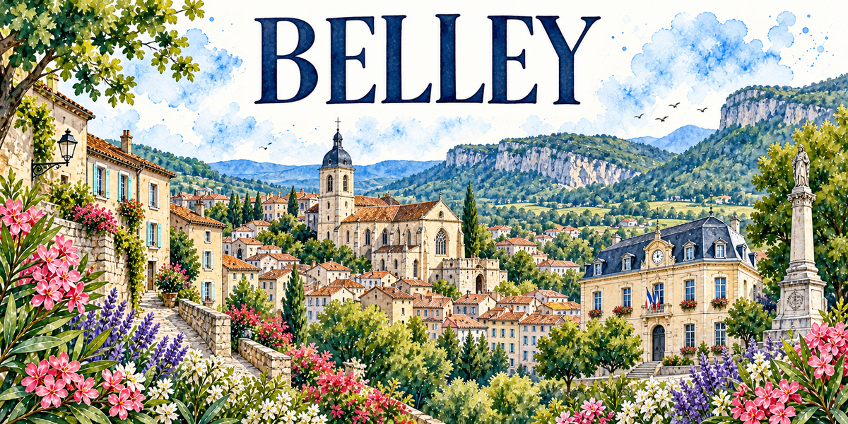 Illustration aquarelle de Belley : maisons ocre et pastel à toits de tuile, cathédrale Saint-Jean-Baptiste et son clocher à horloge, bâtiments classiques, obélisque sur son socle, réverbère, falaises boisées du Bugey, lauriers-roses et lavande