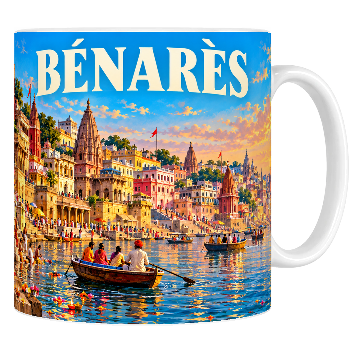 Mug en céramique blanc 330 ml, affiche Bénarès : ghats en marches sur le Gange, temples, hauts bâtiments de la berge et barques