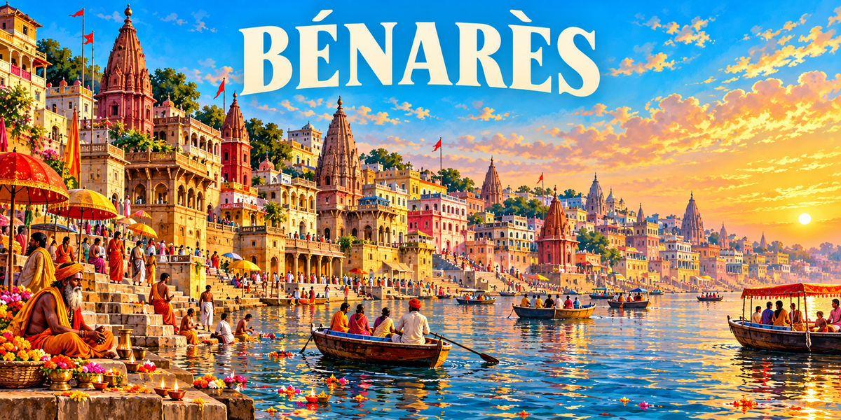 Illustration affiche vintage Bénarès : ghats en marches sur le Gange, temples et leurs tours, parasols, barques de pèlerins et lever de soleil