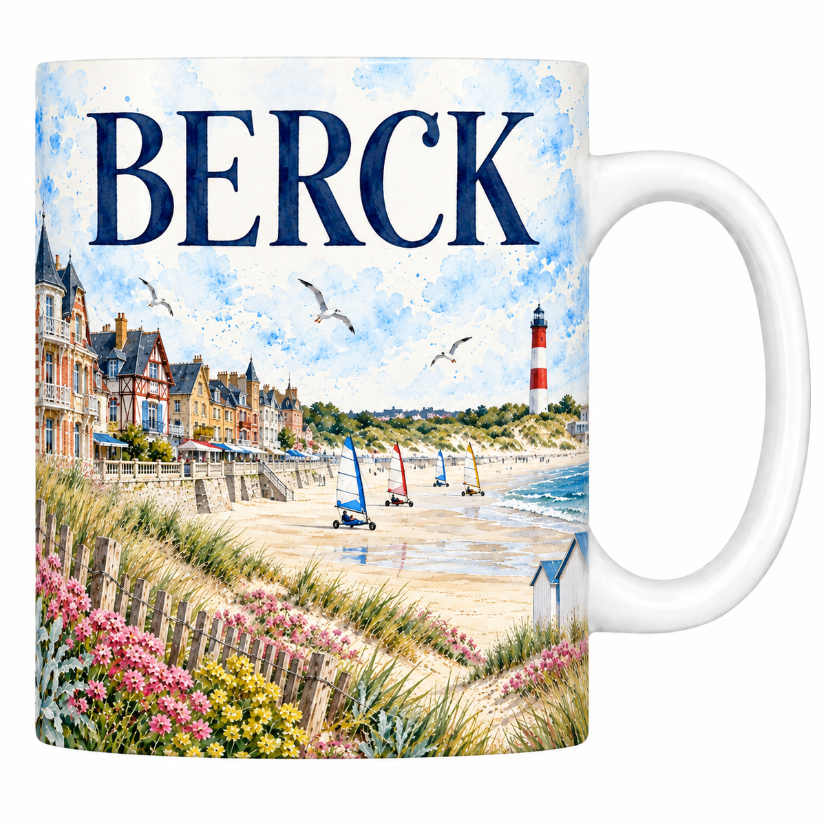 Mug céramique 330 ml Berck : la grande plage et le phare en aquarelle