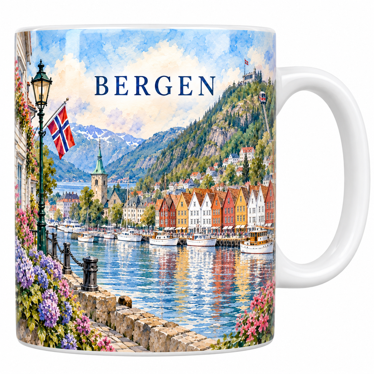 Mug Bergen aquarelle en céramique blanche 330 ml, façades de bois colorées de Bryggen, port et voiliers, drapeau norvégien et montagnes du fjord
