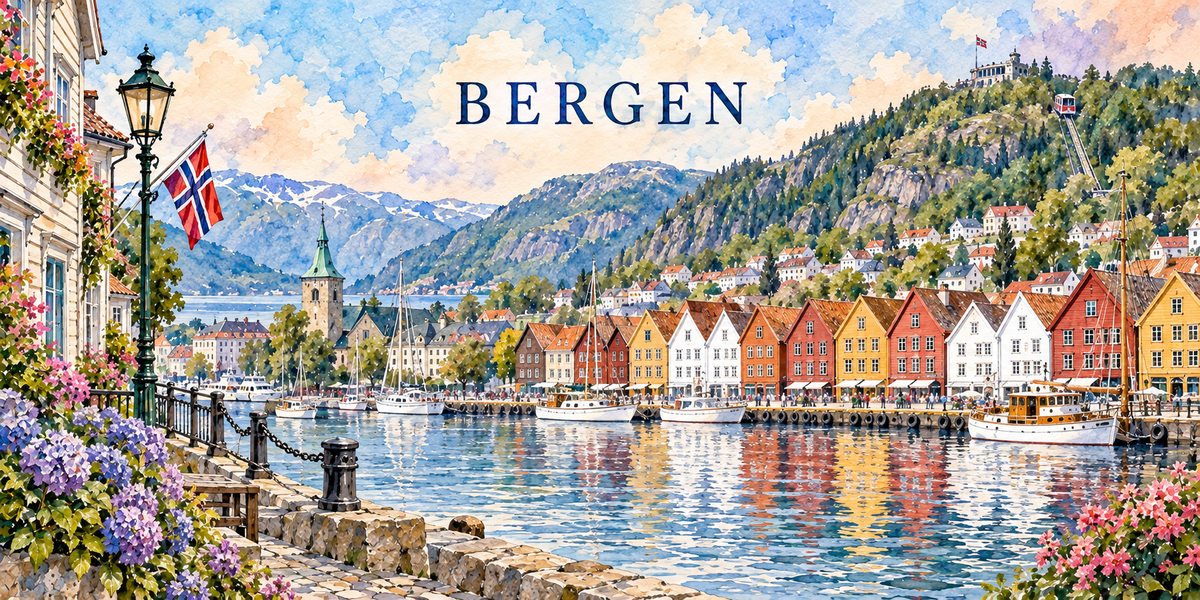 Aquarelle de Bergen : quai et balustrade, réverbère et drapeau norvégien, lilas, port et voiliers, façades de bois ocre rouges et jaunes de Bryggen, tour à coupole verte et montagnes du fjord