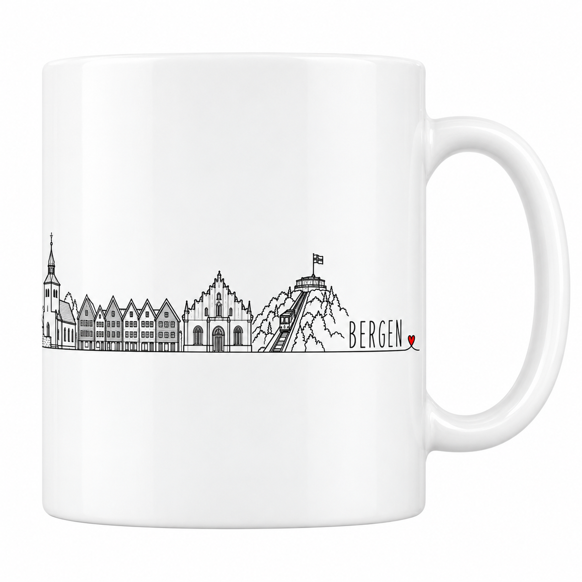 Mug blanc en céramique 330 ml illustré du skyline de Bergen au trait noir : la tour de pierre crénelée, l'église romane à clocher effilé, la rangée de maisons de bois à pignons et le funiculaire de la colline