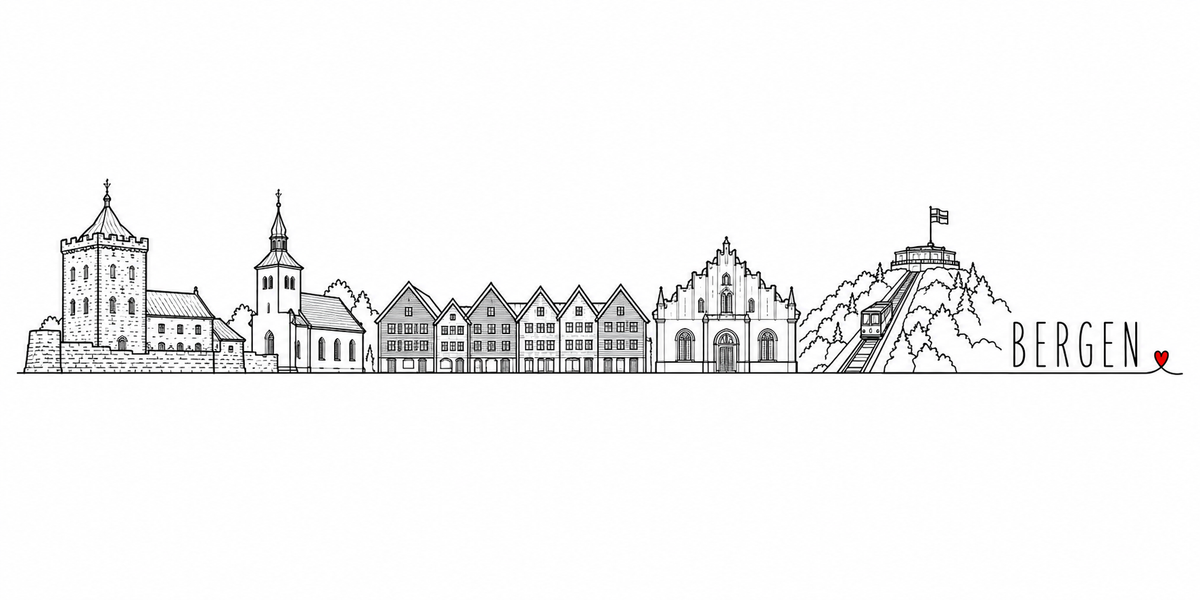 Skyline de Bergen dessiné au trait noir continu, de gauche à droite : la tour de pierre crénelée à toit pointu et la grande salle médiévale, l'église romane à clocher effilé, les arbres, la rangée de maisons de bois à pignons triangulaires, le bâtiment à pignon à redents, le funiculaire qui monte la colline boisée jusqu'au pavillon à drapeau — avec le nom BERGEN en capitales espacées et un petit cœur rouge