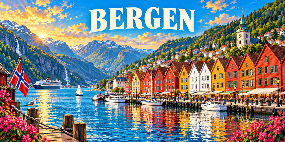 Affiche illustrée de Bergen : les façades de bois colorées de Bryggen, le port, la cascade et les montagnes du fjord