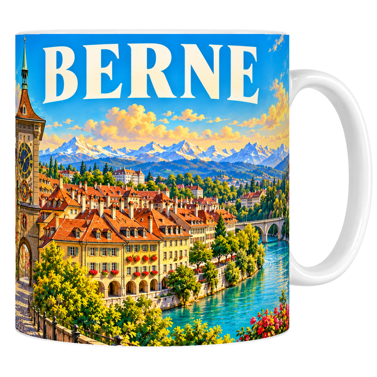 Mug en céramique blanc 330 ml, affiche Berne : tour du Zytglogge, arcades de la vieille ville, Aar et Alpes