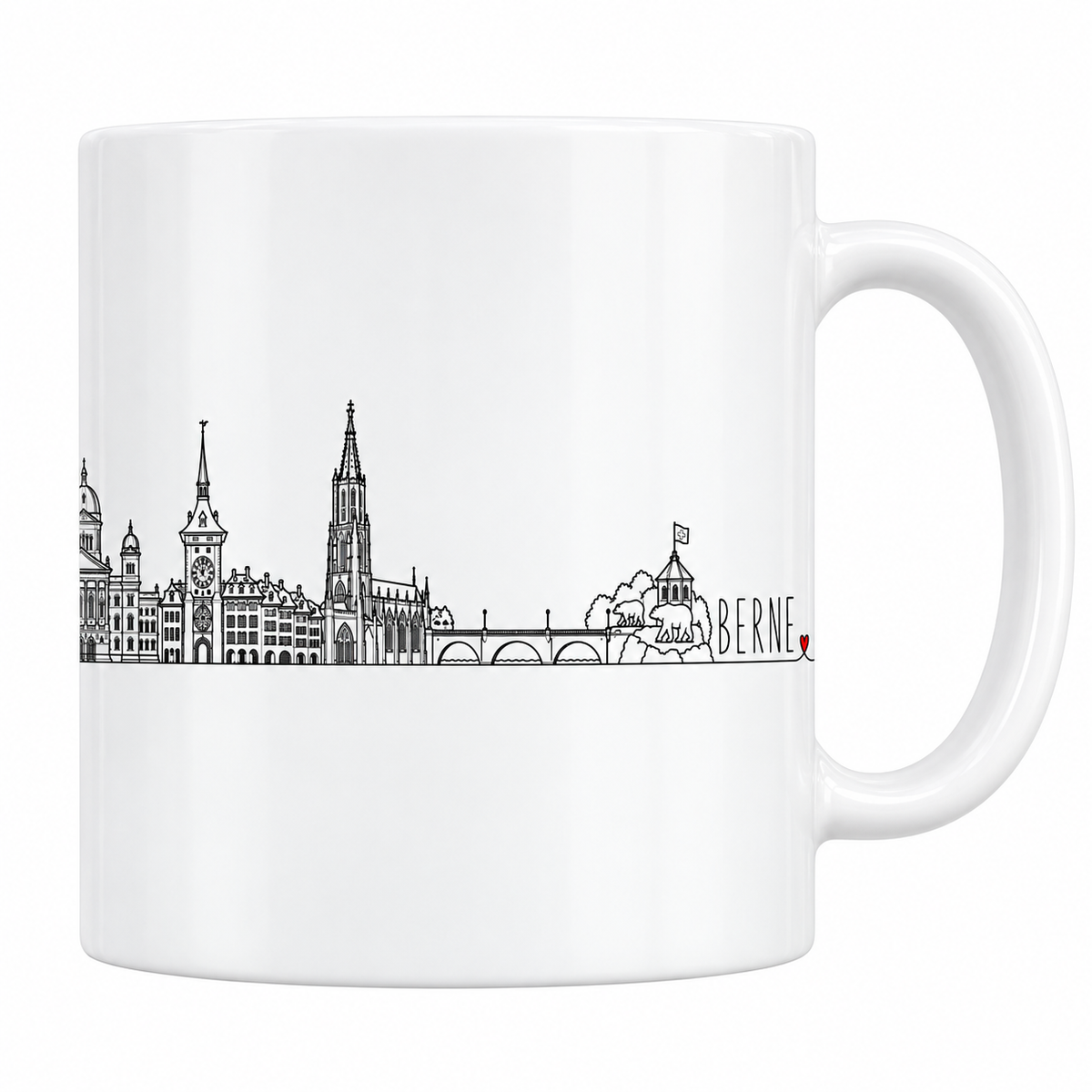Mug blanc en céramique 330 ml illustré du skyline de Berne au trait noir : la tour de l'horloge et ses deux cadrans, les maisons à arcades de la vieille ville, la flèche ajourée de la collégiale et le pont de pierre sur l'Aar