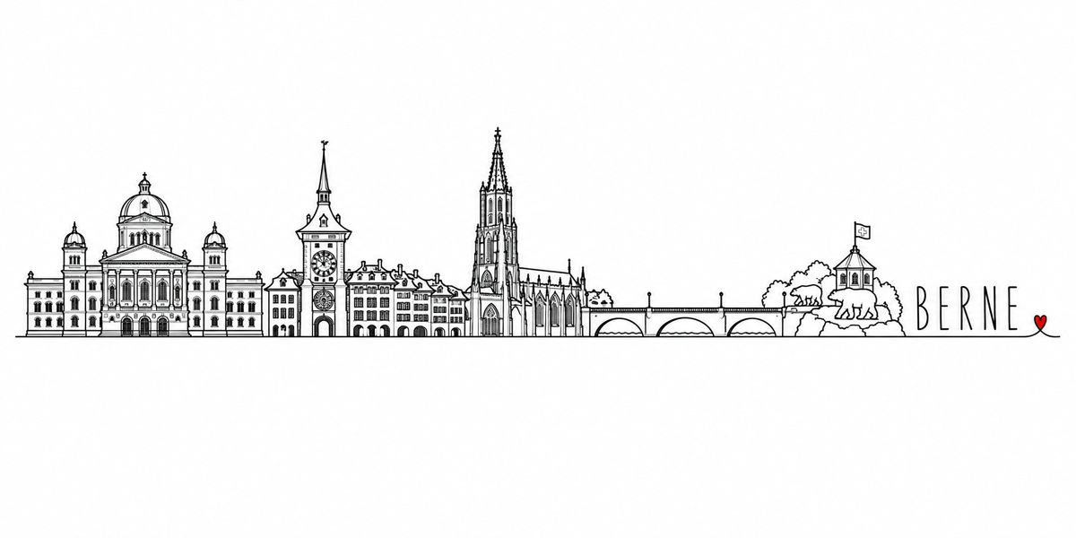 Skyline de Berne dessiné au trait noir continu, de gauche à droite : le Palais fédéral et sa coupole entre ses deux ailes à coupoles d'angle, la tour de l'horloge et ses deux cadrans superposés, les maisons à arcades et à lucarnes de la vieille ville, la flèche ajourée de la collégiale, le pont de pierre et ses arches au-dessus de l'Aar et les arbres de la berge — avec le nom BERNE en capitales espacées et un petit cœur rouge