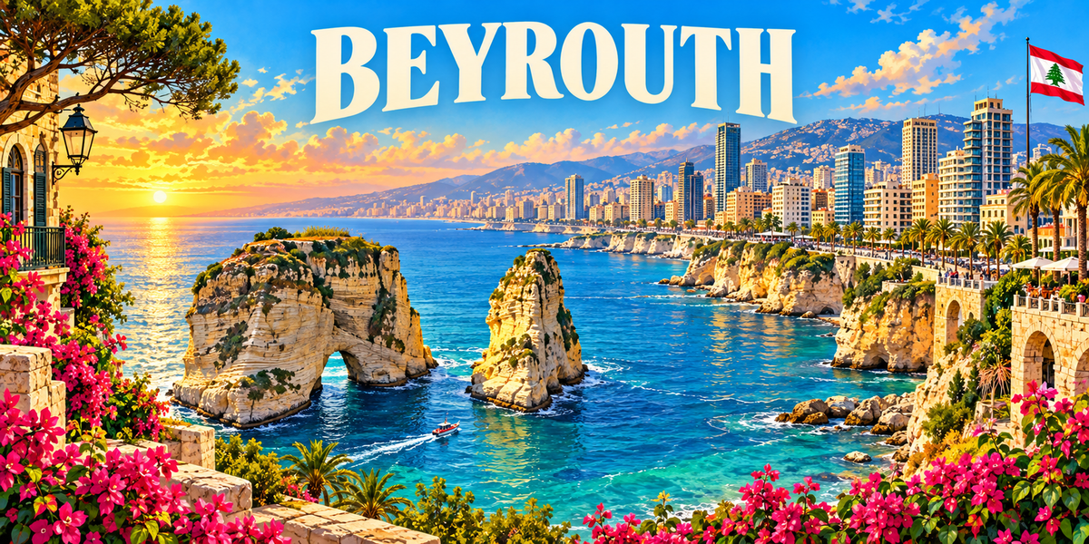 Visuel « BEYROUTH » : rochers de Raouché et leur arche, Corniche, skyline et bougainvilliers