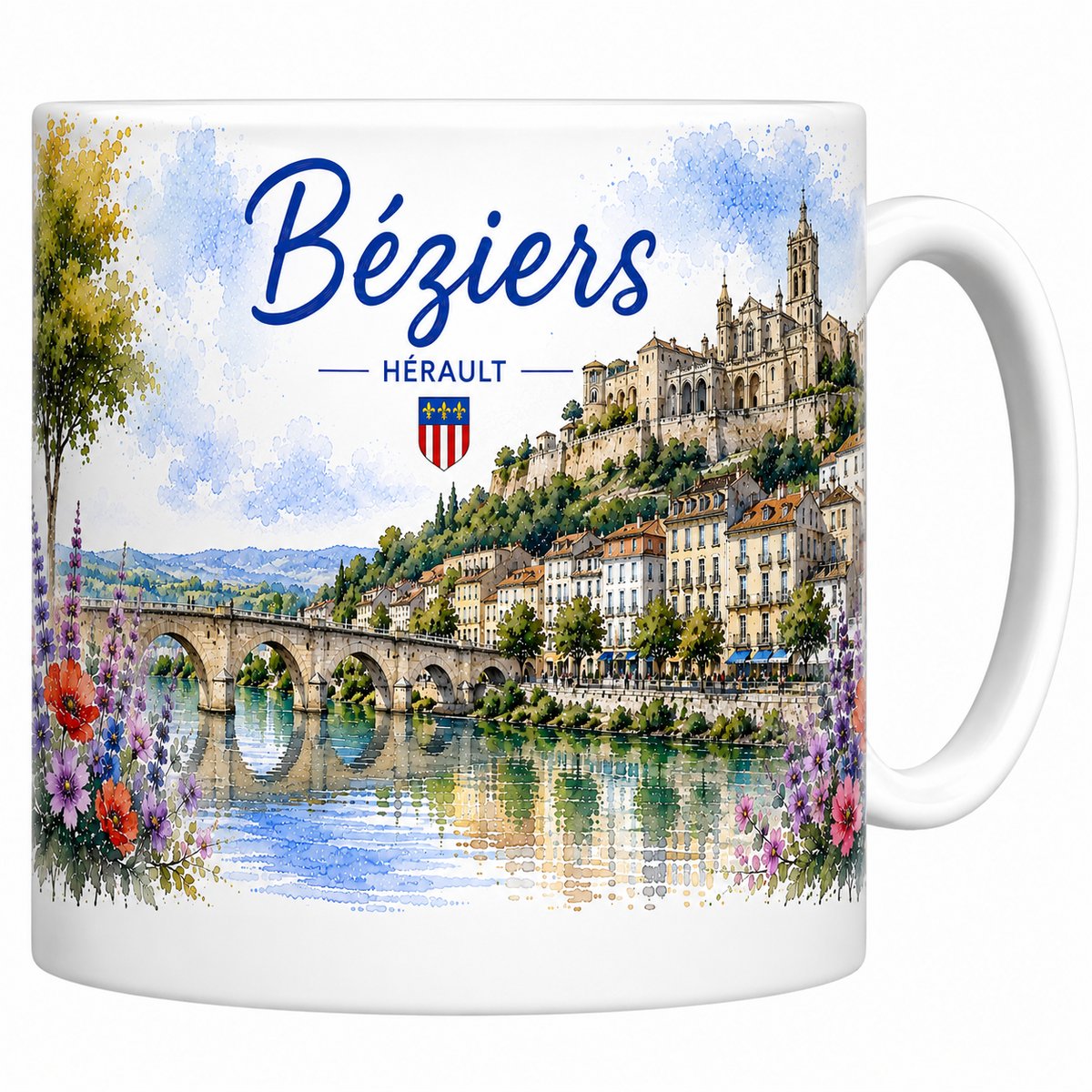 Mug céramique blanc Béziers : cathédrale Saint-Nazaire perchée sur l'Orb, Pont Vieux et lavande en aquarelle