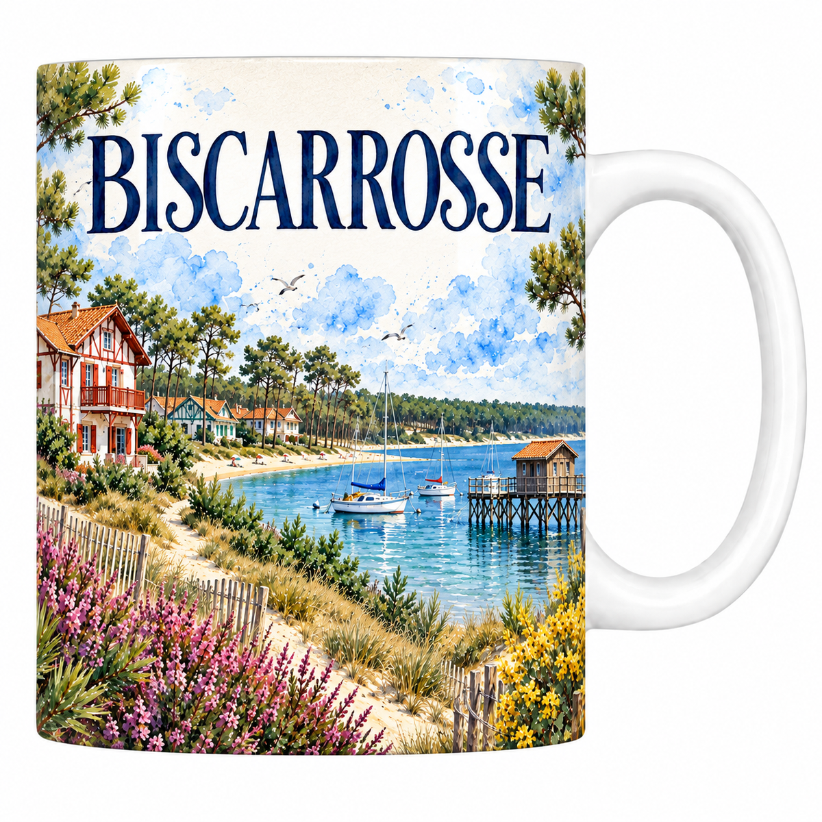 Mug céramique 330 ml Biscarrosse : le lac, les pins et la villa landaise en aquarelle