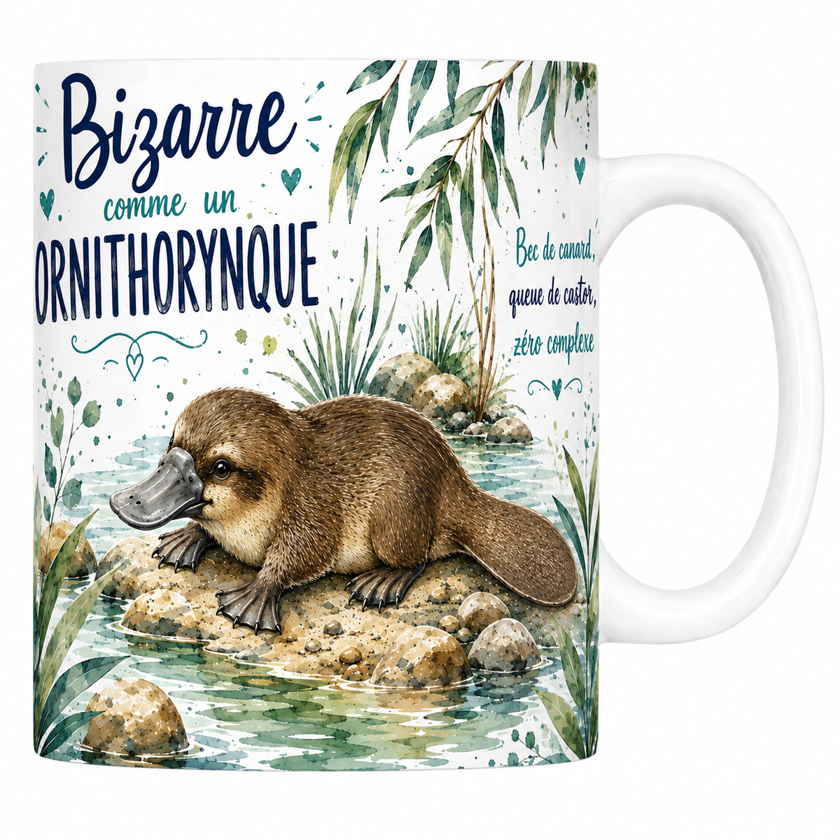 Mug céramique 330 ml « Bizarre comme un ornithorynque » : ornithorynque sur une berge de galets