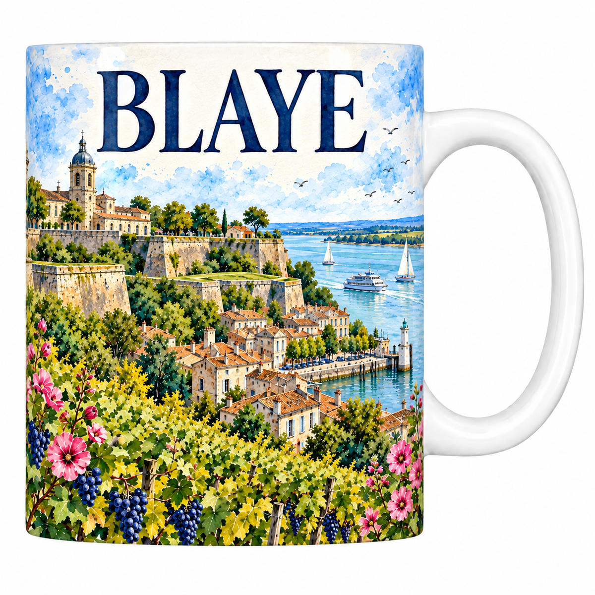 Mug blanc en céramique 330 ml illustré Blaye à l'aquarelle : citadelle de Vauban sur la falaise et estuaire de la Gironde