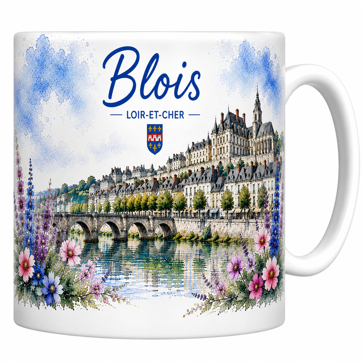 Mug céramique blanc Blois : château royal, toits d'ardoise et pont Jacques-Gabriel sur la Loire en aquarelle