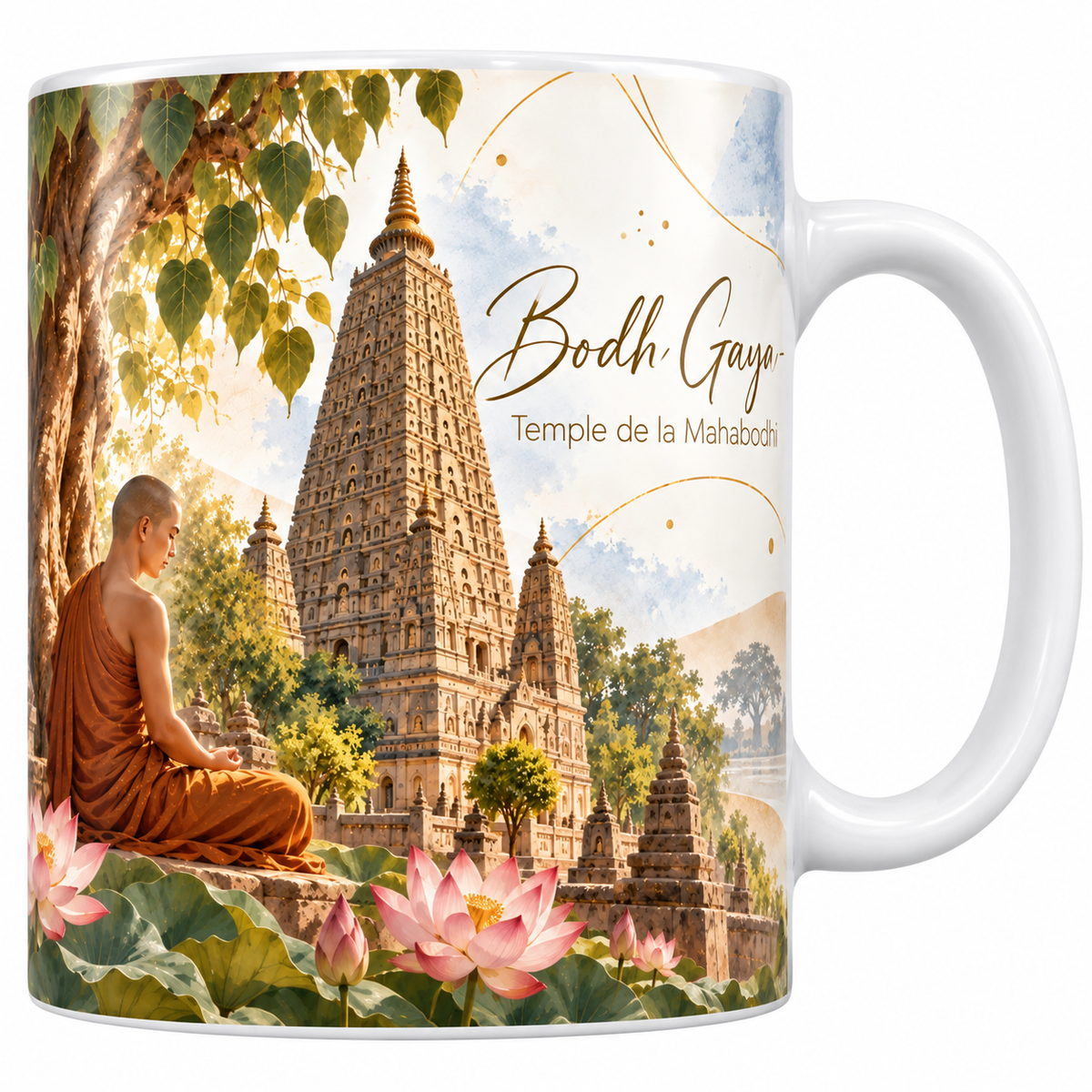 Mug céramique blanche 330 ml illustré de Bodh Gaya à l'aquarelle, un moine en robe safran assis de dos sous les branches du figuier, la tour pyramidale à degrés du temple de la Mahabodhi devant lui, des lotus roses au premier plan et le titre Bodh Gaya - Temple de la Mahabodhi en lettres dorées
