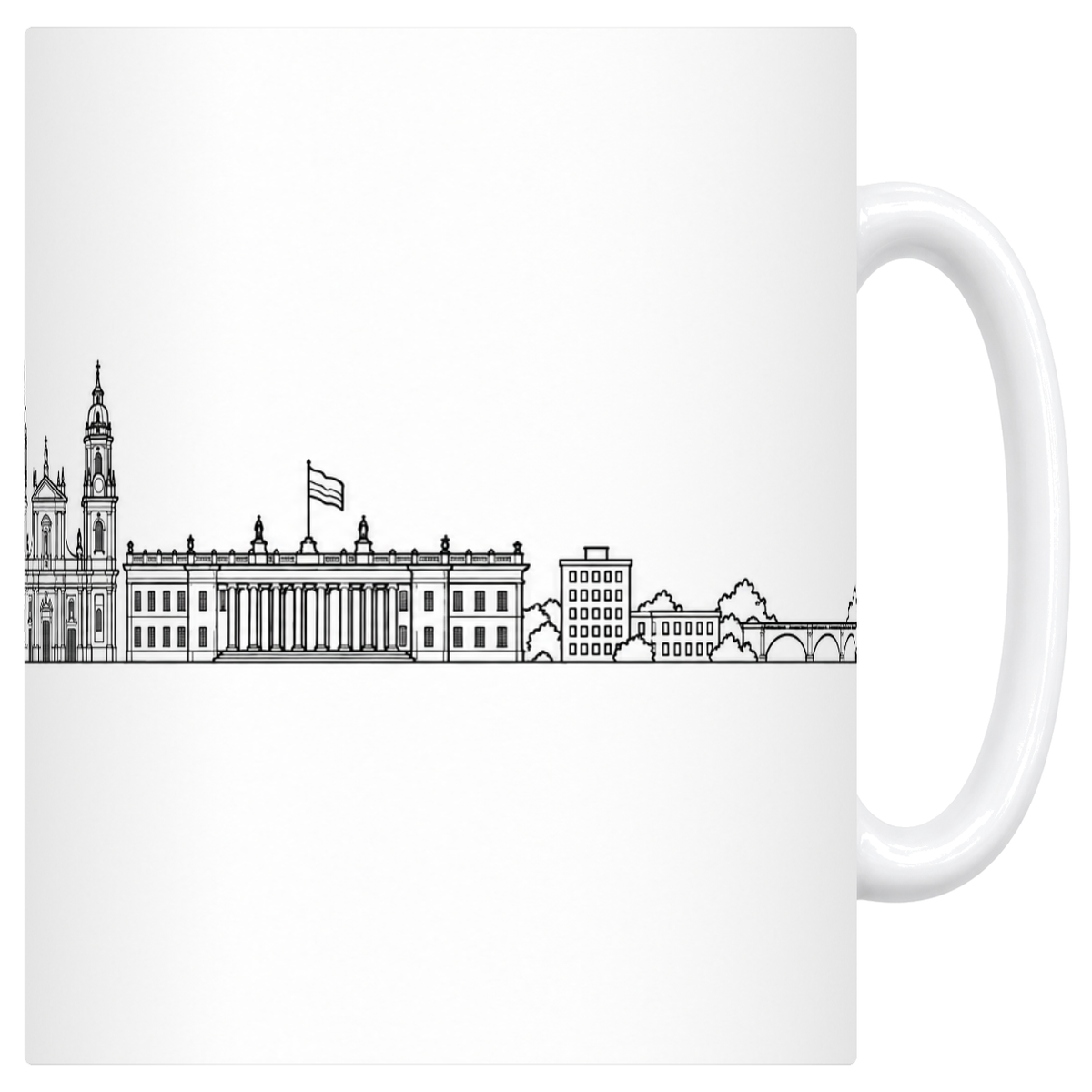 Mug blanc en céramique 330 ml illustré du skyline de Bogotá au trait noir : le sanctuaire de Monserrate sur sa colline boisée, la cathédrale à deux tours et la colonnade du Capitole