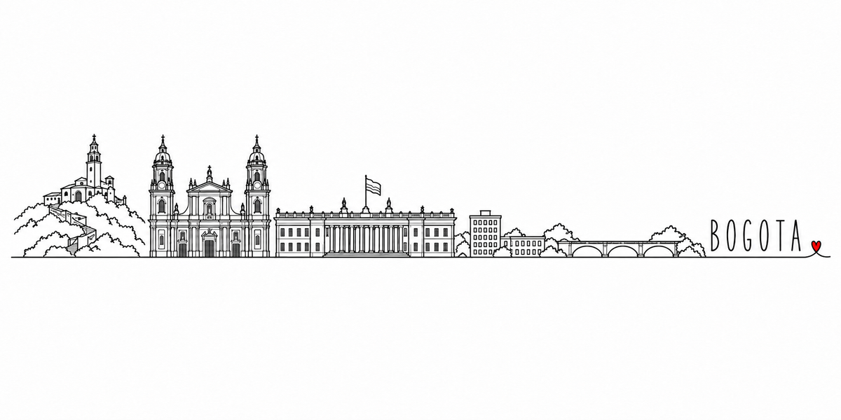 Skyline de Bogotá dessiné au trait noir continu, de gauche à droite : le sanctuaire de Monserrate au sommet de sa colline boisée et l'escalier en lacets qui y monte, la cathédrale à deux tours et la chapelle à fronton, la longue colonnade du Capitole et son drapeau, les immeubles bas, le pont en arches de pierre et les arbres — avec le nom BOGOTA en capitales espacées et un petit cœur rouge