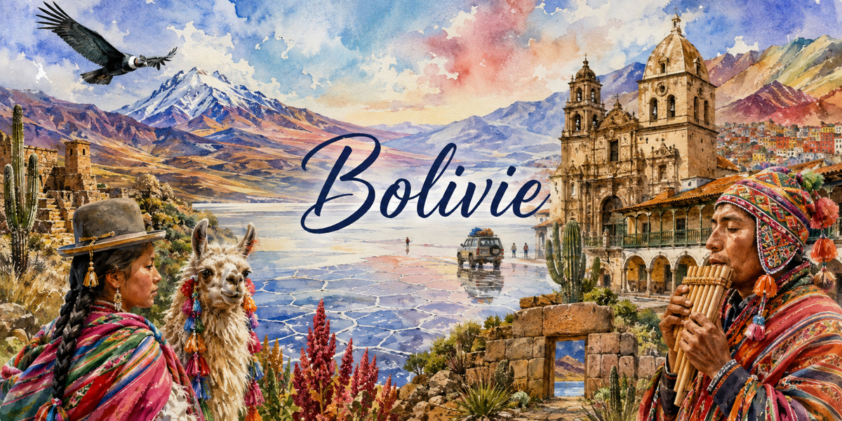 Visuel Bolivie aquarelle : lac Titicaca, Andes, cholita et son lama, flûte de pan et condor